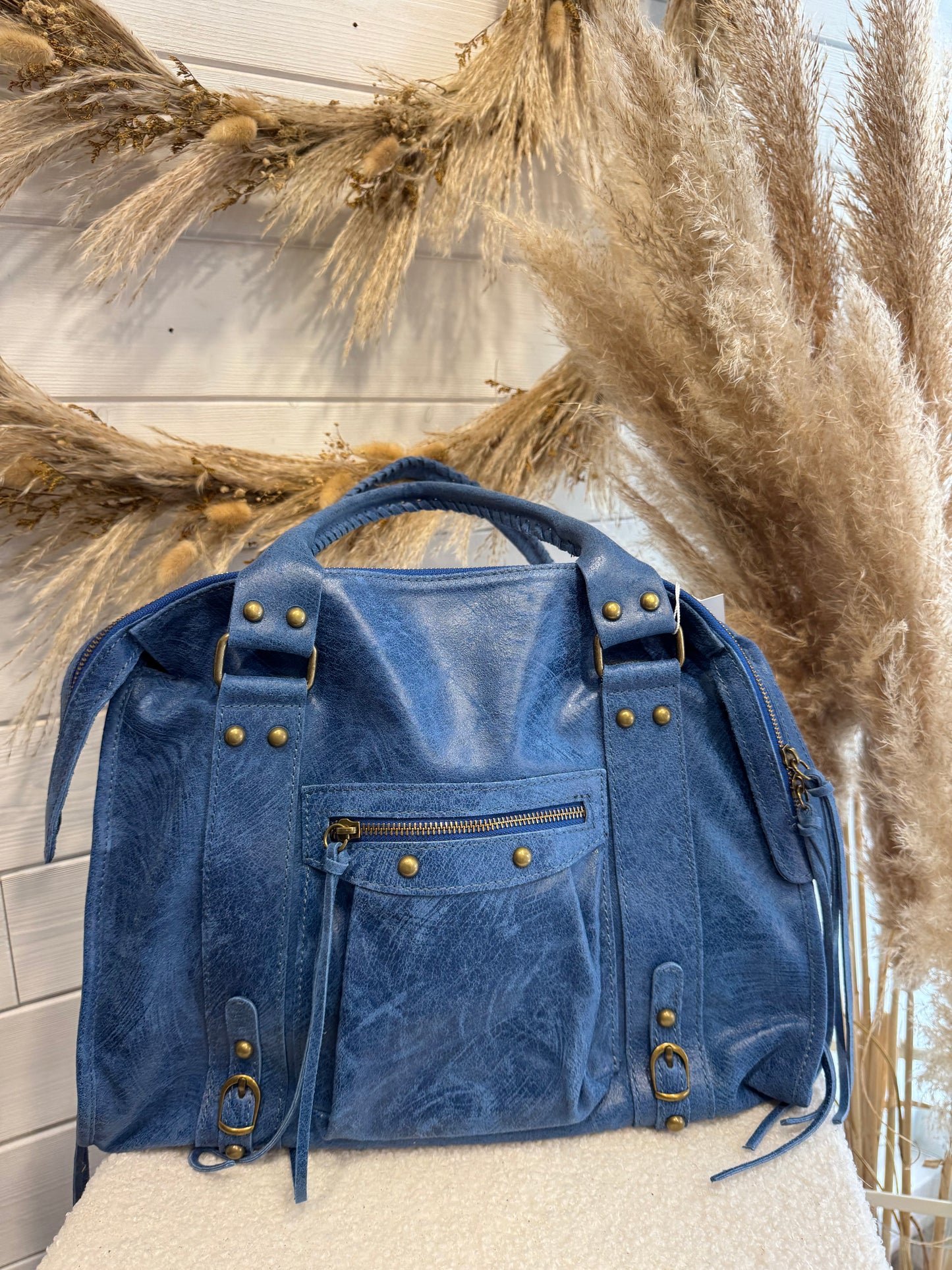 Sac Noé XL bleu jean cuir brossé