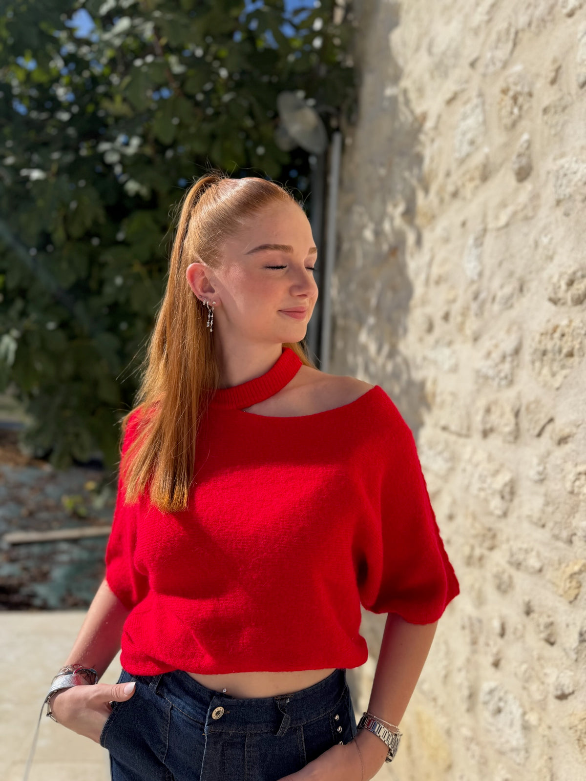 Pull OPEN Angora/laine rouge