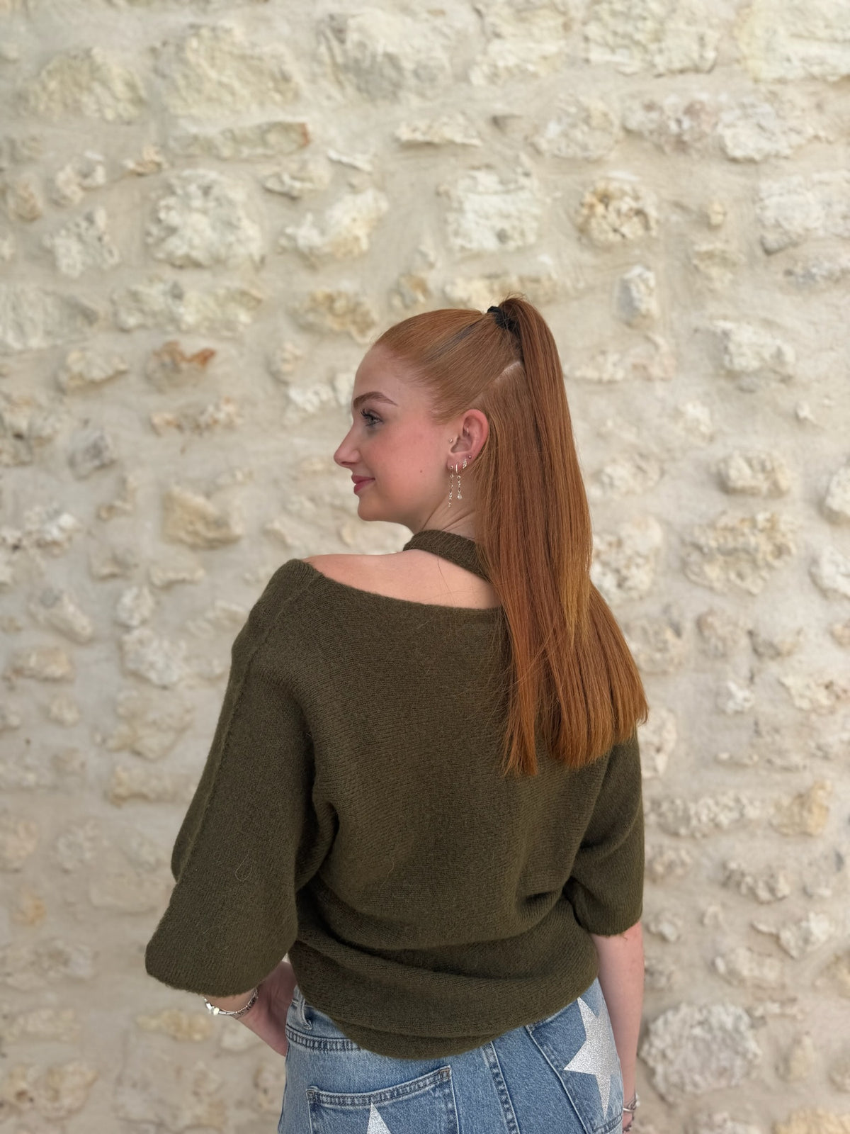 Pull OPEN Angora/laine kaki