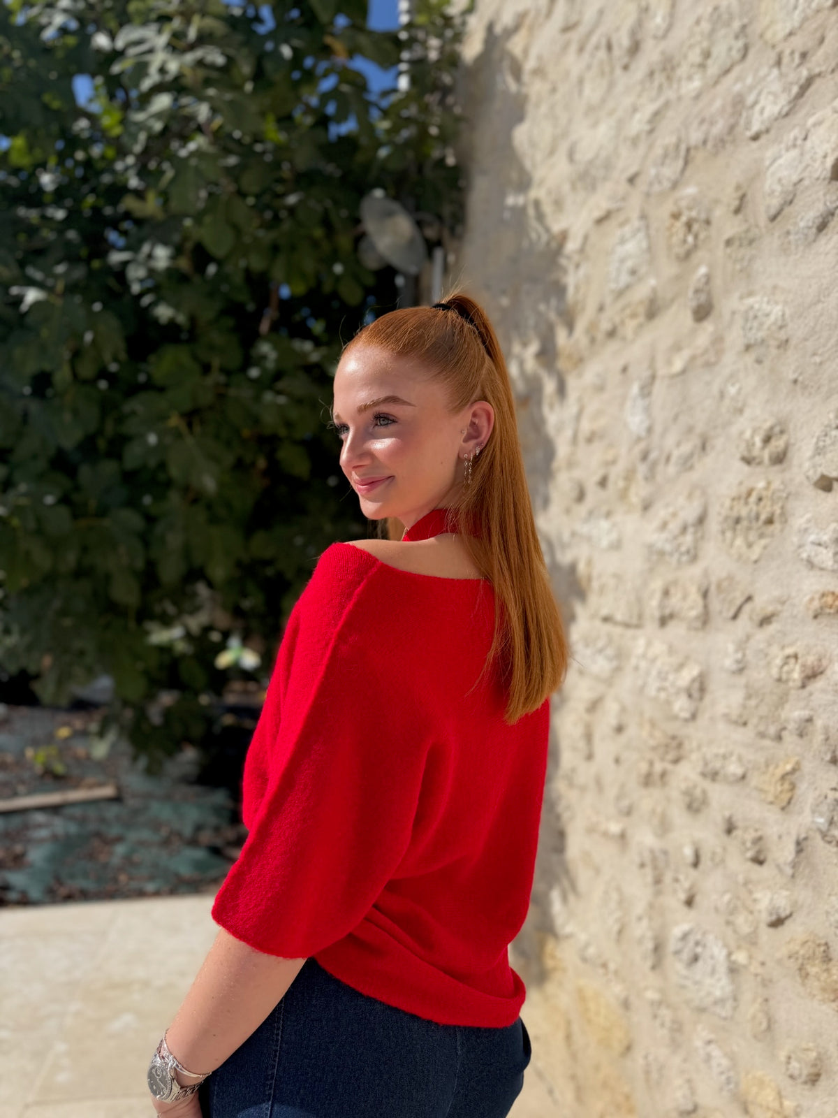 Pull OPEN Angora/laine rouge